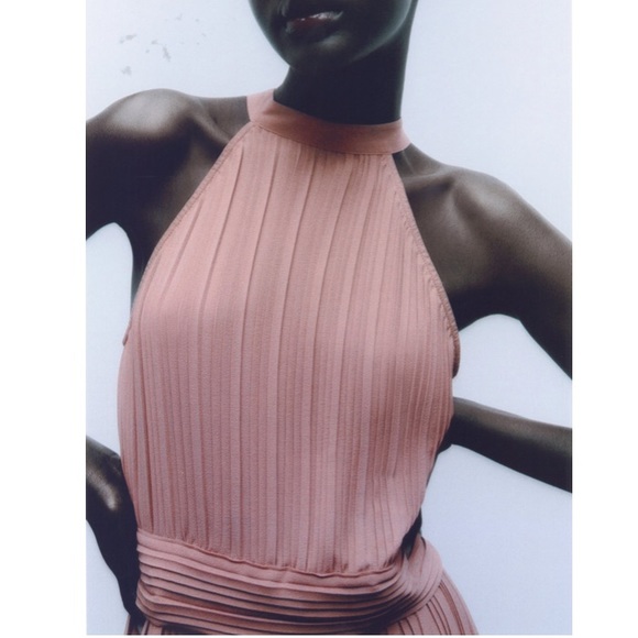 ZARA Medium Jumpsuit Pleated Halter Neck Waistband Wide Leg Trousers Pink - Picture 6 of 6